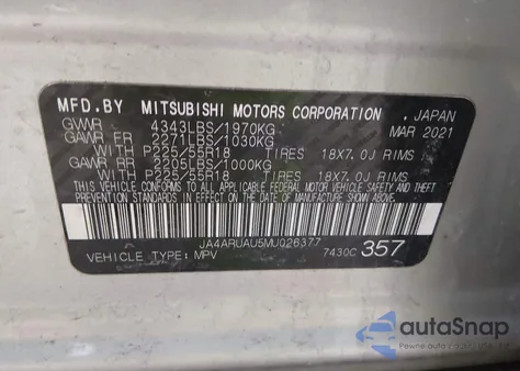 2021 Mitsubishi Outlander Sport 2.0 Be Awc/2.0 Es Awc/2.0 Le Awc/2.0 Se Awc из США, поврежденный, VIN JA4ARUAU5MU026377